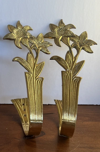 Brass Flower Blossoms Curtain Tie Back Vintage Set Of 2