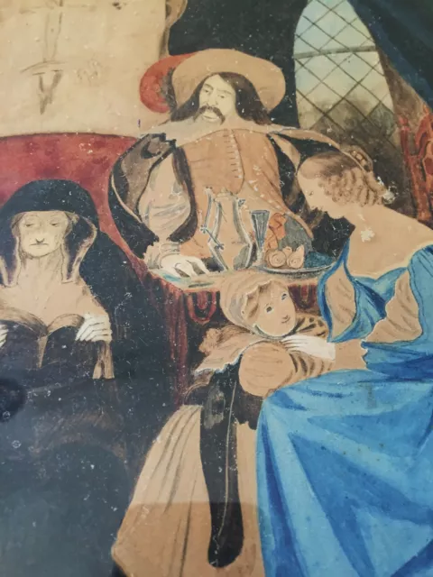 Ancien tableau XIXeme aquarelle d'après Deveria Achille, peinture 3