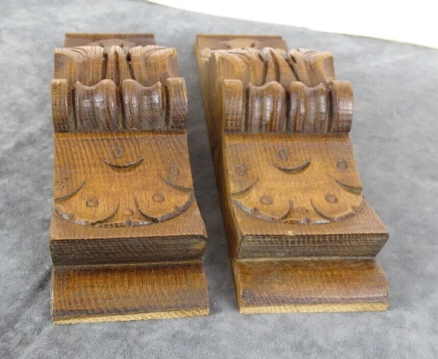 11" Antique French Carved Oak Wood a Pair Corbel Pillars Wall Brackets Salvage