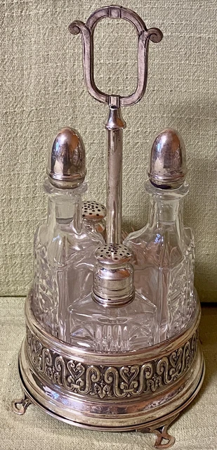 Set Vintage Olio Aceto Sale Pepe Porta stuzzicadenti in Cristallo e Argento 800