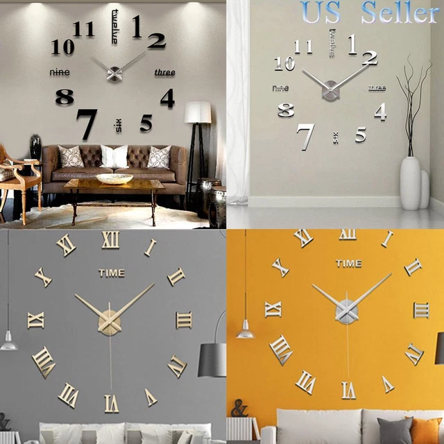 3D LARGE MIRROR Surface Wall Clock Modern DIY Sticker Office Home Shop