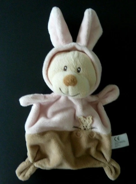 40- Doudou Plat Grain De Ble Ours Deguise En Lapin Beige Capuche Rose  Etat Neuf
