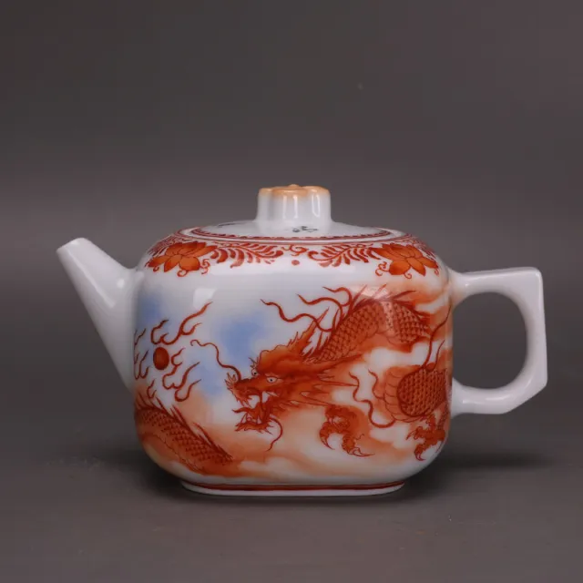 3.34” Chinese Porcelain Jingdezhen Alum Red Dragon Pattern Square Teapots