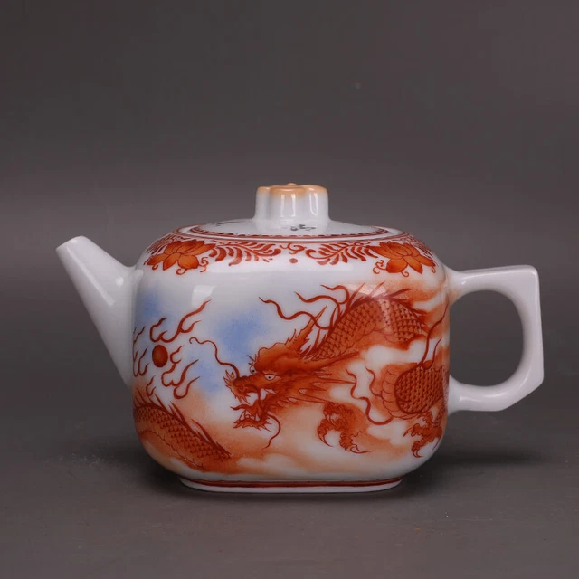 3.34” Chinese Porcelain Jingdezhen Alum Red Dragon Pattern Square Teapots