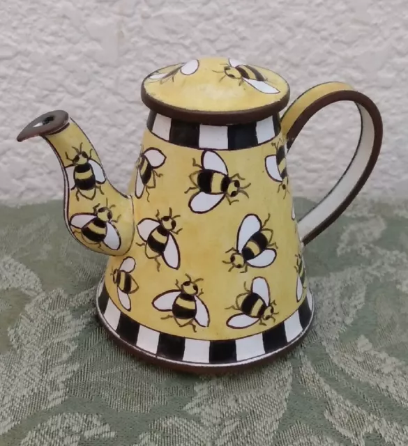 Mini Teapot Tea Pot Enamel Yellow Bees 3"