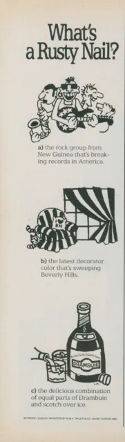 1984 Drambuie Rusty Nail Quiz Cartoon Rock Group Beverly Hills Vtg Print Ad SI6