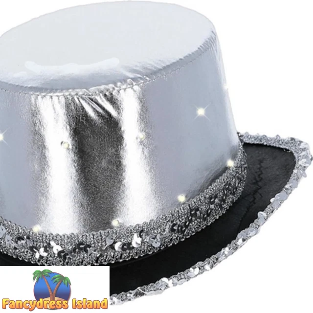 SMIFFYS LED LIGHT Up Metallic Top Hat Silver Fancy Dress Theatre New £