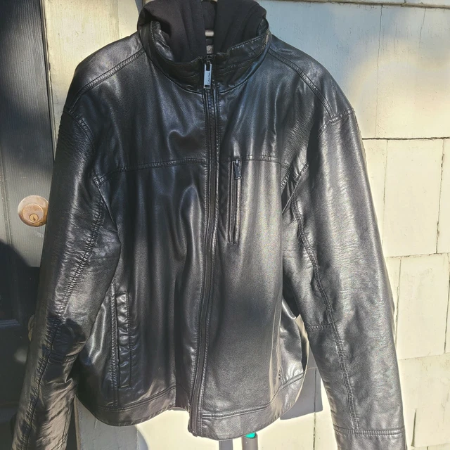 Calvin Klein faux leather bomber jacket  with zip on hoodie Men's XL - Black