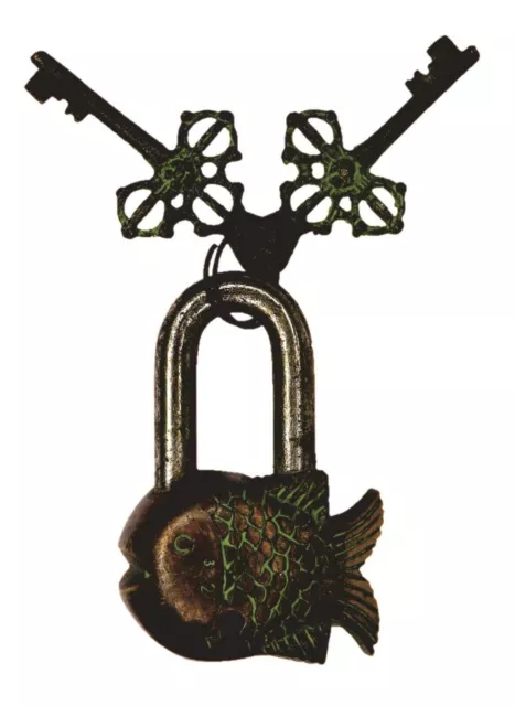 Small Fish Shape Padlock Antique Style Handmade Brass Door Lock & working Keys