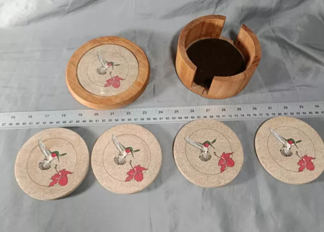 Hummingbird Flower Sandstone Coasters In Wood Holder Set Of Four Round