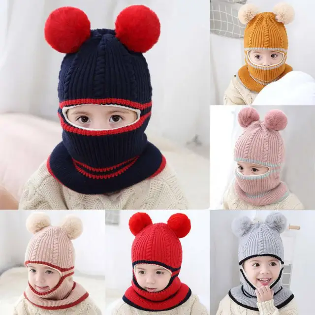Knitted Cap Kids Girls Boys Toddler Winter Warm Earflap Baby Hat Hooded Scarf