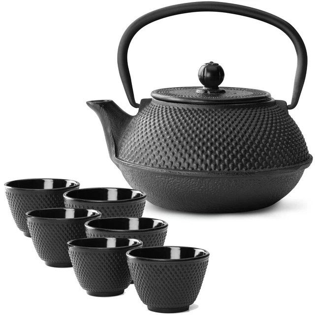Asia Tee Set Teekanne Teesieb Becher 6 Teetassen Teeservice Gußeisen schwarz 0,8
