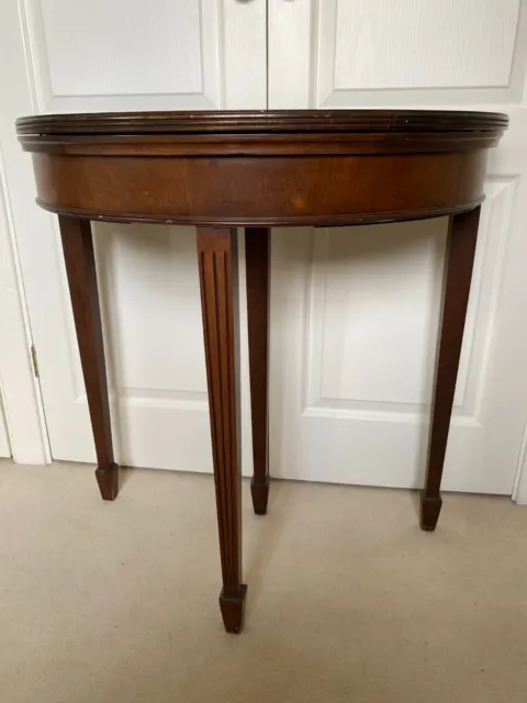 Antique Card Table, Demi Lune, with support leg and folding top, baize top