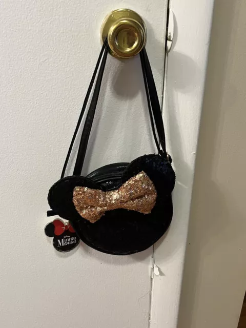 Disney Minnie Mouse Ears & Bow Sequins Black & Rose Gold Purse Bag