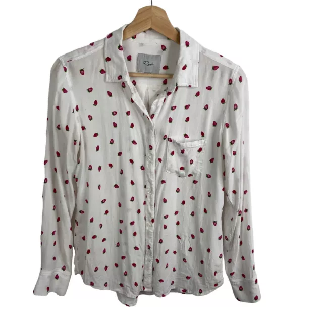 Rails Shirt Womens Sz XS Kate White Strawberry Button Down Blouse Long Sleeve