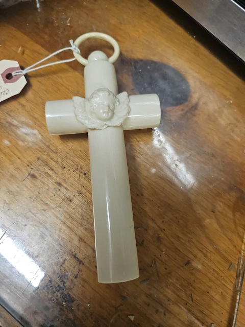 Antique Celluloid Cradle Crib Pram Cross Angel FRANCE