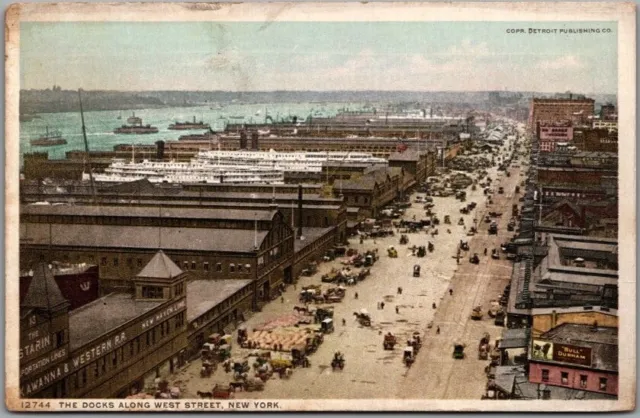 1910s New York City Postcard Bird's-Eye View "Docks Along West Street" Detroit