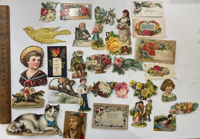 Lot Victorian Era Antique Die-cut Scrap Children Clown Horse Cat Monkey Birds