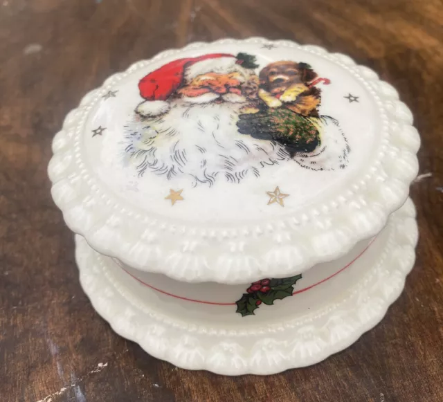 Vintage Ceramic Santa With Puppy Candy Trinket Dish Box Lid B. W.