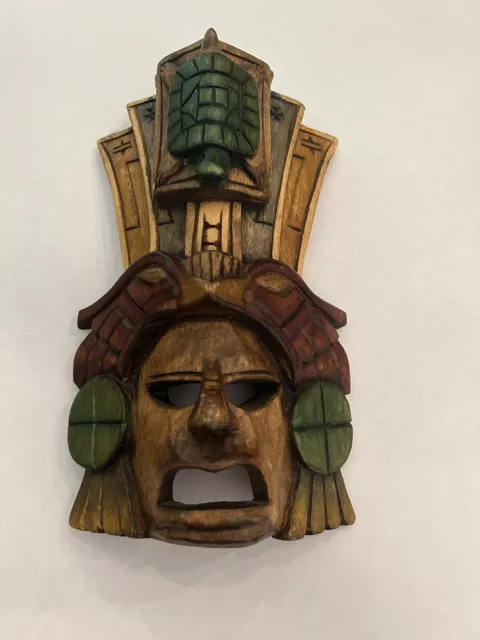 Mayan Warrior Jaguar Turtle Hand Carved Wooden Mask  Art Aztec Mexico Green/Brow
