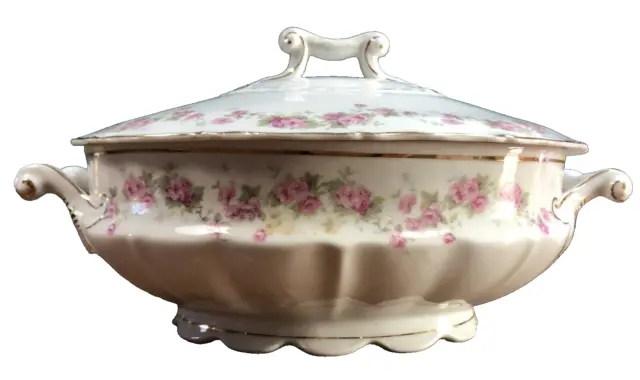 Antique Oval Shaped LS&S Carlsbad Pink Rose Soup Tureen With Lid
