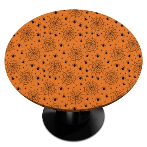 Spider Spiderweb Round Fitted Tablecloth Halloween Orange Background Elastic ...