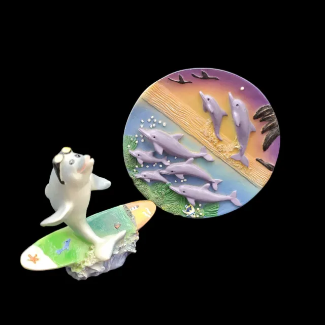 Whimsical Dolphin Figurine and Plate Surfing Porpoise Novelty Collectibles Lot 2