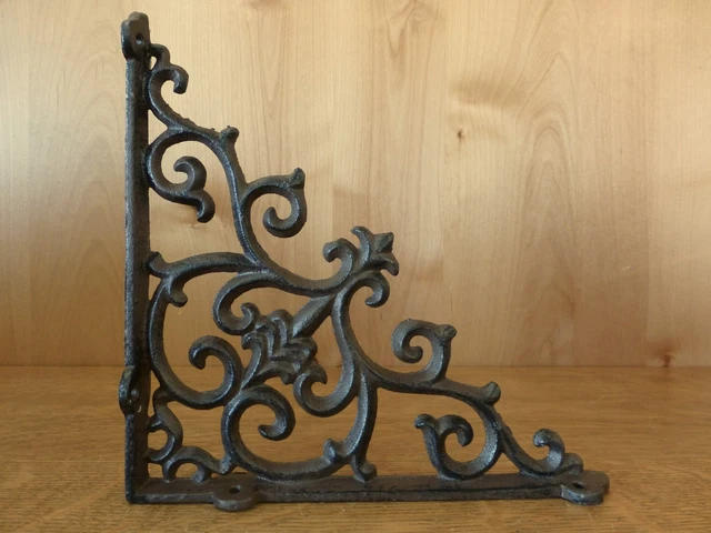 2 BROWN ANTIQUE-STYLE 9.5" CAST IRON SHELF BRACKETS braces garden FANCY ORNATE 3