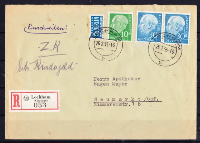 Bund Heuss I, 30Pf,  Mi. 187 im waagerechten Paar in MiF auf Einschreiben-Brief