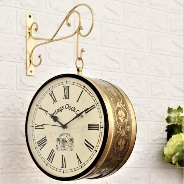 Vintage Clock Metal Brass Finish Double Side Roman Number Clock, 10 Inc