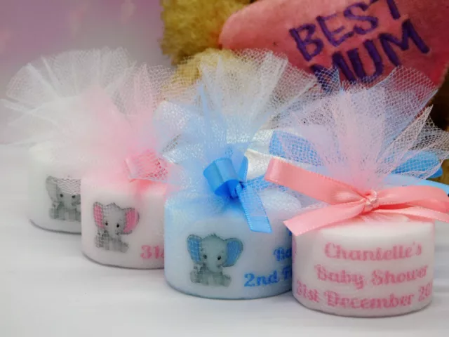 Personalised Baby Shower Candle Tealight  Favours With Cute Baby Elephant Sets