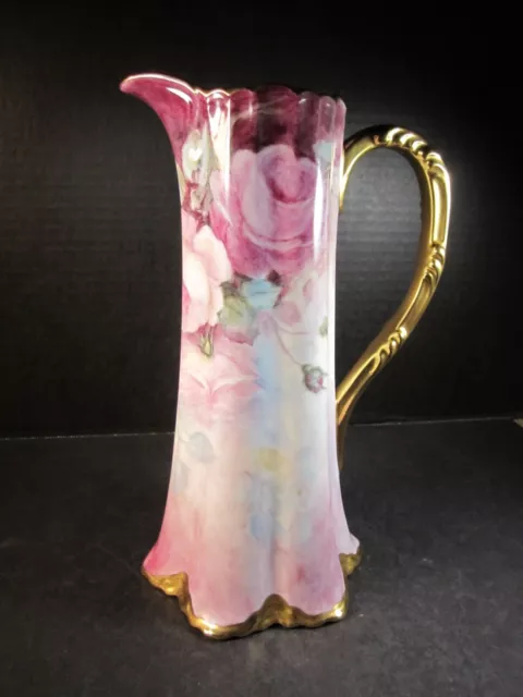 Lovely Limoges Large Pink Roses & Gold Handle/Trim Decorated Porcelain Ewer 10"