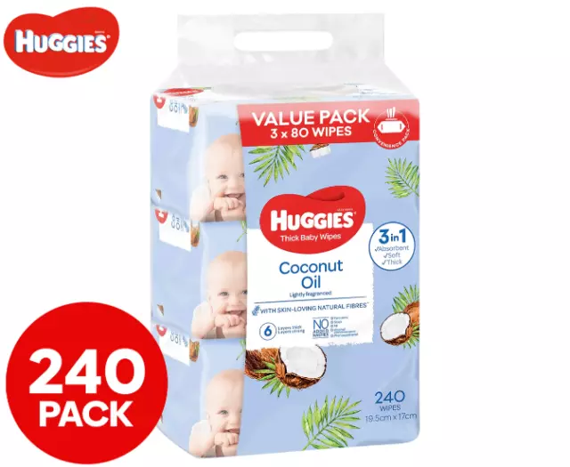 3 x 80pk Huggies Lightly Fragranced Thick Baby Wipes Coconut Oil