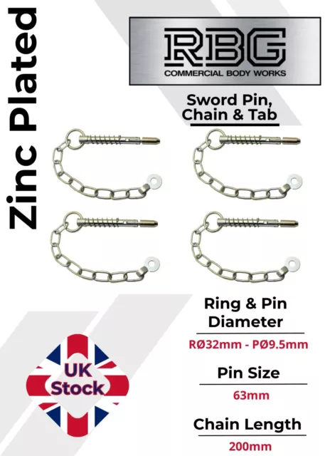 4X Sword Pin and Chain 9.5mm x 63mm | Spring Loaded, Retaining Cotter Pin