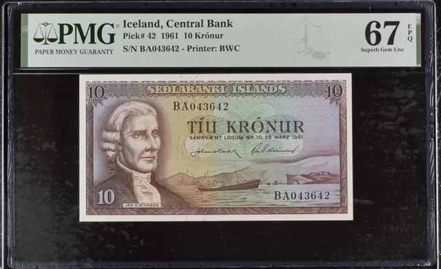 Iceland 10 Kronur 1961 P 42 Superb Gem UNC PMG 67 EPQ TOP POP