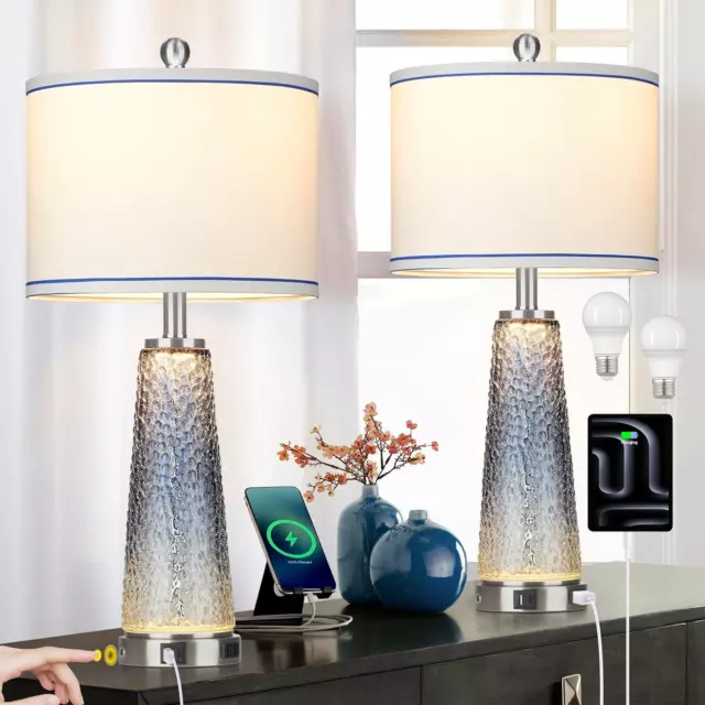 Glass Table Lamps for Living Room, 26" Modern Table Lamps with USB A+C Ports & A