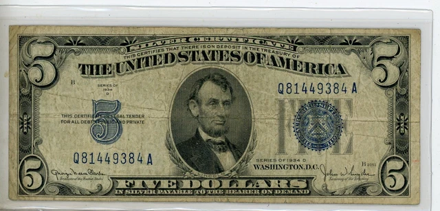 1934 D - 5 Dollar Blue Seal Silver Certificate United States Note - 2339