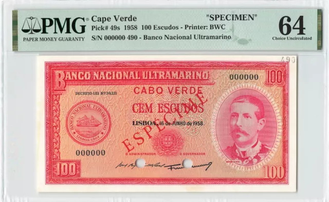 CABO VERDE CAPE VERDE 100 Escudos 1958, P-49s SPECIMEN, PMG 64 Choice UNC Grade