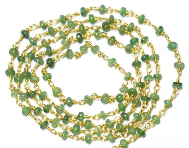 Vermail - Solid 925 Silver Link Chain - 1 Foot - Emerald Gemstone Beads #D1984