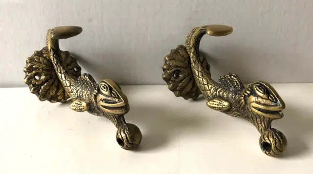 Pair of Vintage Antique Solid Brass Koi Fish Key Cloth Wall Mounted Hooks 4.5" L
