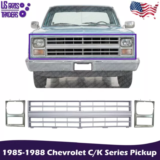 New Silver Grille + Headlights Bezels For 1985-1988 Chevrolet C/K Series Pickup
