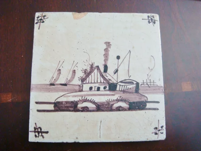 18th century salvaged Delft manganese tile depicting buildings in seashore