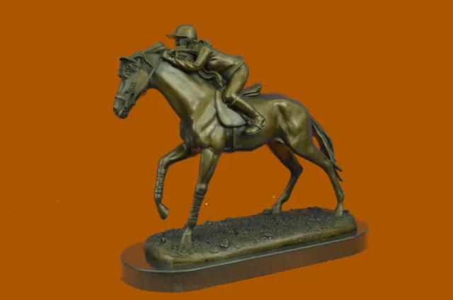 Very Large Solid Bronze Equestrian Horse With Jockey On Marble Base Hot Cast 3