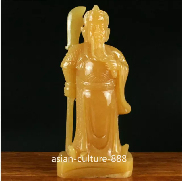 8" Chinese Natural Yellow Jade Carving Stand Guan Gong Yu Warrior God Sculpture