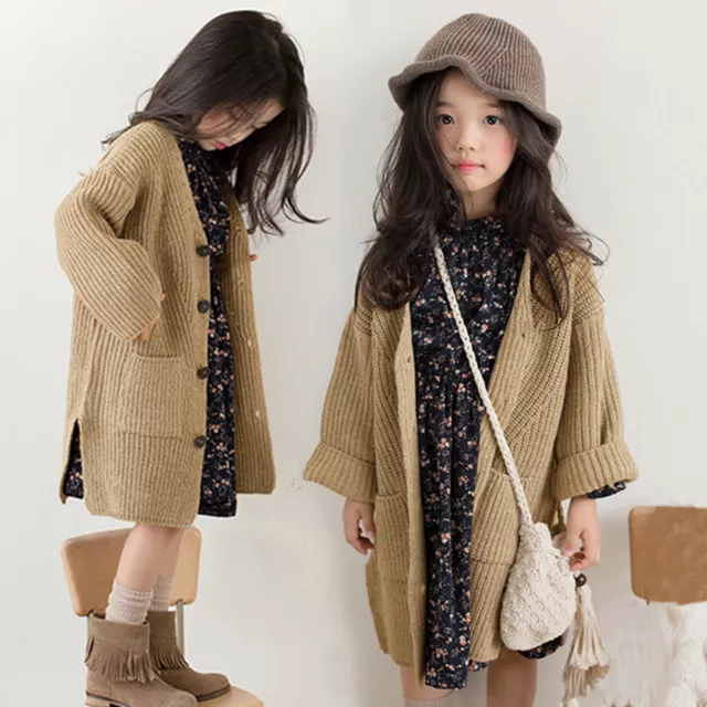 Children Girls Sweater Coat Winter Long Sleeve Solid Color Sweater Knit zf