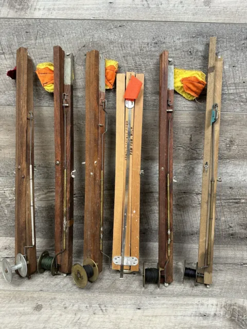 5 VINTAGE WOOD Ice Fishing Tip Ups Poles Never Fail Metal Reel Flags  Untested $24.99 - PicClick