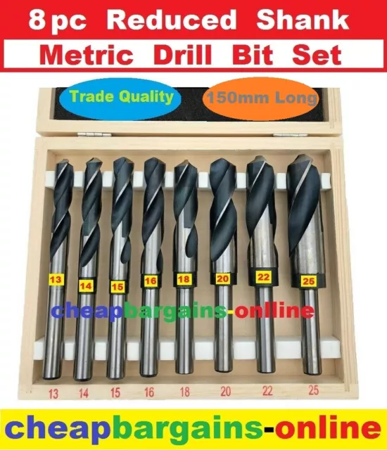 8pc HSS REDUCED SHANK DRILL BIT SET 13 - 25 mm STEEL METAL TRADE QUALITY BOX SET