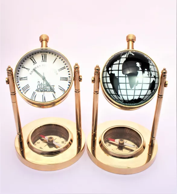Nautical brass Maritime Desk Clock with Navigation compass Collectible Gift item