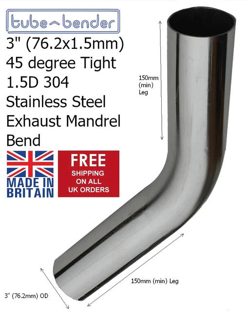 Smoothflow 57mm 2.25” X 45° Mandrel Exhaust Bend – T304 Stainless Steel, 1.5D, 1.5mm Wall – Made In USA