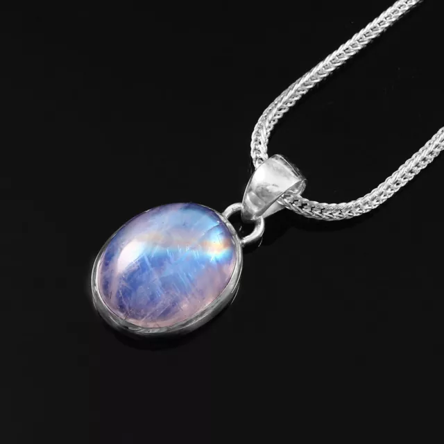 925 Sterling Silver Genuine Oval Rainbow Moonstone Gemstone Pendant Jewelry